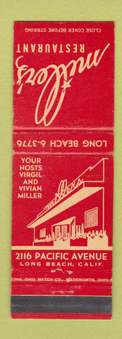 Matchbook Cover - Miller's Restaurant Long Beach CA