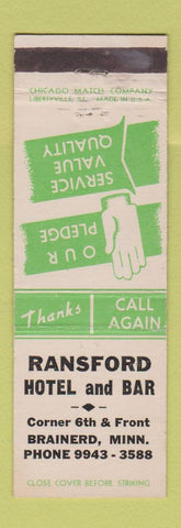 Matchbook Cover - Ransford Hotel Bar Brainerd MN WHITE