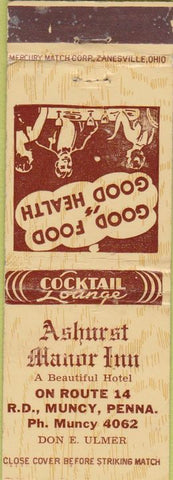 Matchbook Cover - Ashurst Manor Inn Muncy PA