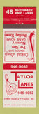 Matchbook Cover - Taylor Lanes Bowling Taylor MI AMF