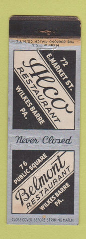 Matchbook Cover - Belmont Restaurant Alco Wilkes Barre PA WEAR