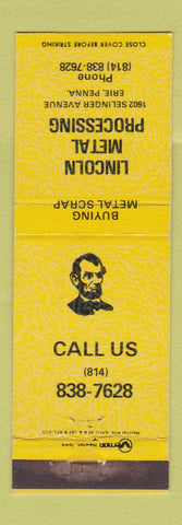 Matchbook Cover - Lincoln Metal Processing Erie PA Abraham WEAR YELLOW