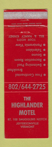 Matchbook Cover - Highland Motel Jeffersonville VT WEAR