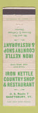 Matchbook Cover - Iron Kettle Country Shop Restaurant Shaftsbury VT