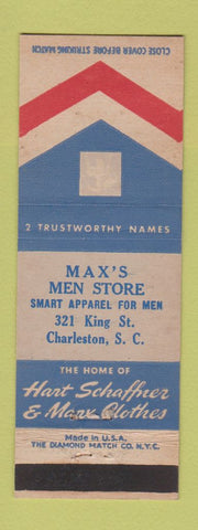 Matchbook Cover - Max's Men's Clothes Charleston SC Hart Schaffner Marx