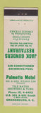 Matchbook Cover - Jack Gunders Restaurant Palmetto Motel Orangeburg SC