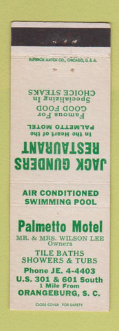 Matchbook Cover - Jack Gunders Restaurant Palmetto Motel Orangeburg SC