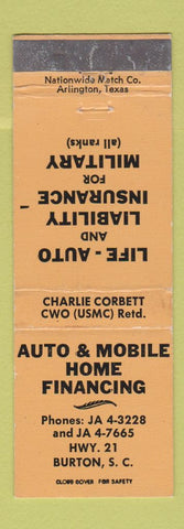 Matchbook Cover - Auto and Mobile Home Financing Insurance Burton SC