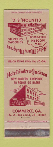 Matchbook Cover - Hotel Andrew Jackson Commerce GA Mary Musgrove Clinton SC