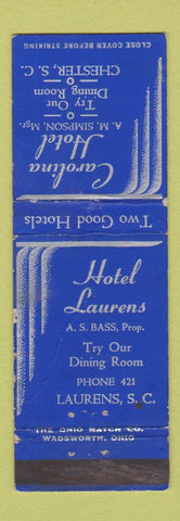 Matchbook Cover - Hotel Laurens SC Carolina Hotel Chester SC CREASE