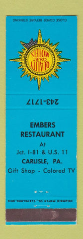 Matchbook Cover - Embers Restaurant Carlisle PA Quality Motel