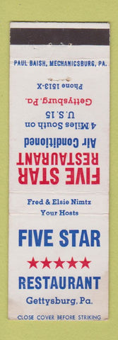 Matchbook Cover - Five Star Restaurant Gettysburg PA