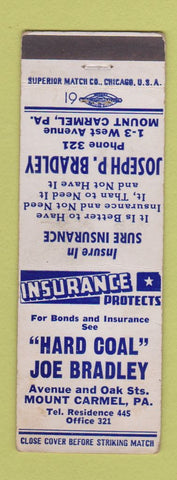 Matchbook Cover - Joseph Bradley Insurance Bonds Mount Carmel PA low phone #