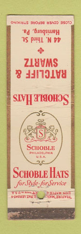 Matchbook Cover - Schoble Hats Ratcliff and Swartz Harrisburg PA feature WORN