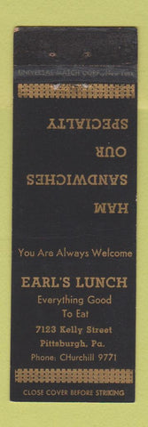 Matchbook Cover - Earl's Lunch Pittsburgh PA WEAR