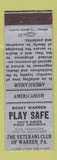 Matchbook Cover - Veterans Club of Warren PA Americanism SILVER