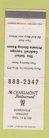 Matchbook Cover - Charlmont Restaurant Morrisville VT