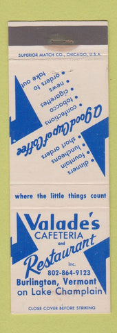 Matchbook Cover - Valade's Cafeteria Restaurant Burlington VT WEAR
