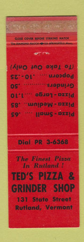 Matchbook Cover - Ted's Pizza Grinder Shop Rutland VT WORN