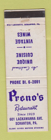 Matchbook Cover - Preno's Restaurant Scranton PA