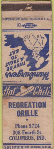 Matchbook Cover - Recreation Grille Columbus IN WORN chili