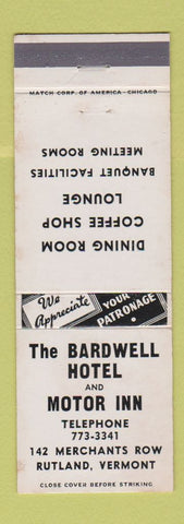 Matchbook Cover - Bardwell Hotel Motor Inn Rutland VT