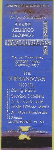 Matchbook Cover - Shenandoah Hotel Martinsburg WV WORN