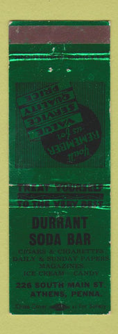 Matchbook Cover - Durrant Soda Bar Athens PA