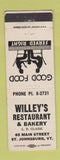 Matchbook Cover - Willey's Restaurant Bakery ST Johnsburg VT