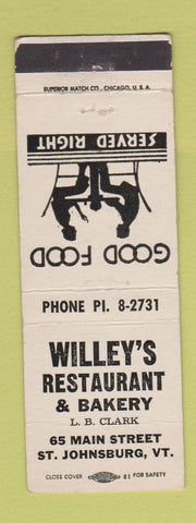 Matchbook Cover - Willey's Restaurant Bakery ST Johnsburg VT