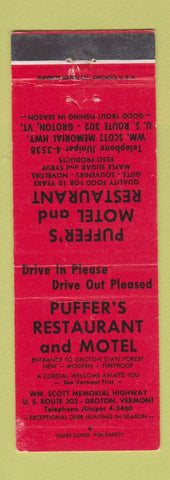 Matchbook Cover - Puffer's Restaurant Motel Groton VT RED