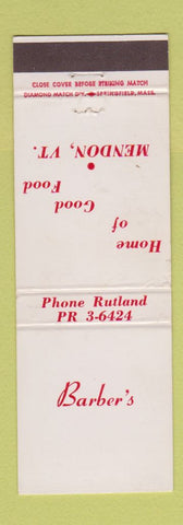 Matchbook Cover - Barber's Restaurant Mendon VT