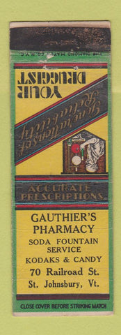 Matchbook Cover - Gauthier's Drug Pharmacy Kodak St Johnsbury VT WORN