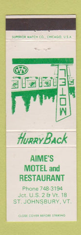 Matchbook Cover - Aime's Motel Restaurant St Johnsbury VT