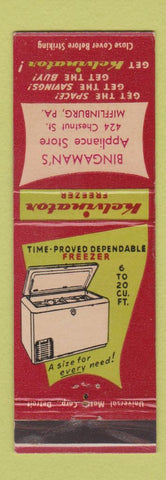 Matchbook Cover - Kelvinator Freezer Appliances Bingaman's Mifflinburg PA