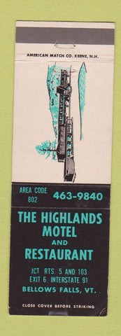 Matchbook Cover - Highlands Motel Restaurant Bellows Falls VT