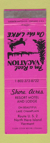 Matchbook Cover - Shore Acres Resort Motel North Hero Island VT