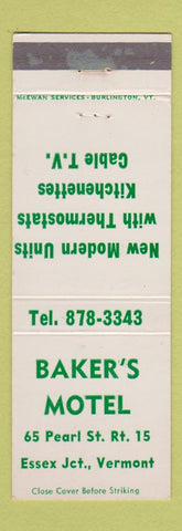 Matchbook Cover - Baker's Motel Essex Junction VT