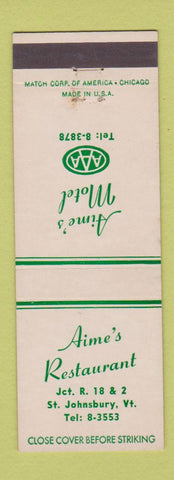 Matchbook Cover - Aime's Restaurant St Johnsbury VT