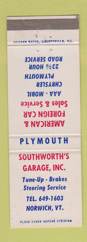Matchbook Cover - Southworth's Garage Plymouth Norwich VT Chrysler Mobil oil gas