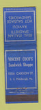 Matchbook Cover - Vincent Coco's Sandwich Shop Pittsburgh PA WEAR