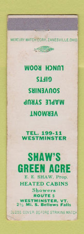 Matchbook Cover - Shaw's Green Acre Westminster VT Maple Syrup