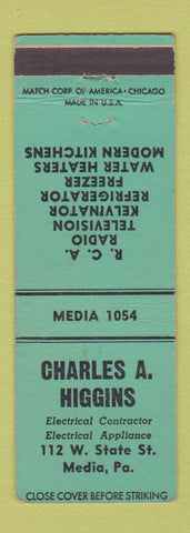 Matchbook Cover - Charles Higgins Radio TV RCA Kelvinator Media PA