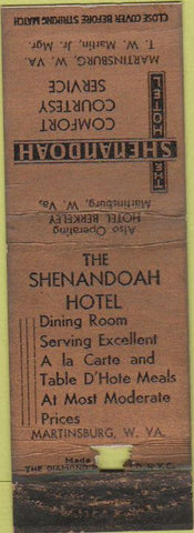 Matchbook Cover - Shenandoah Hotel Martinsburg WV WORN