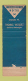 Matchbook Cover - Mercer Humes Hotel Mercer PA WEAR