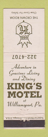 Matchbook Cover - King's Motel Williamsport PA Crown Room
