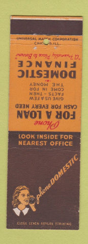 Matchbook Cover - Domestic Finance Loans Rochester Syracuse NY