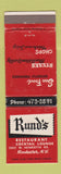 Matchbook Cover - Rund's Restaurant Rochester NY WEAR