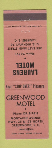 Matchbook Cover - Greenwood Motel SC Laurens Motel SC