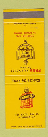Matchbook Cover - Horen's Motor Lodge Florence SC Master Hosts